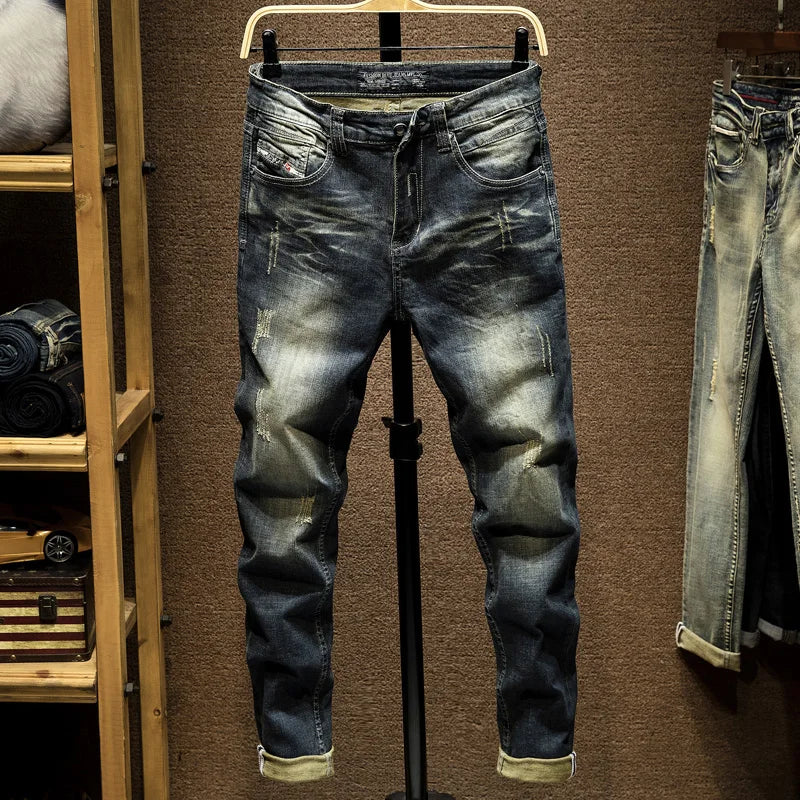 Jeans Mens Denim Pants Slim Fit Retro Stretch 2024 Spring and Autumn Trousers for Man Streetwear Moto Biker Jeans High Quality