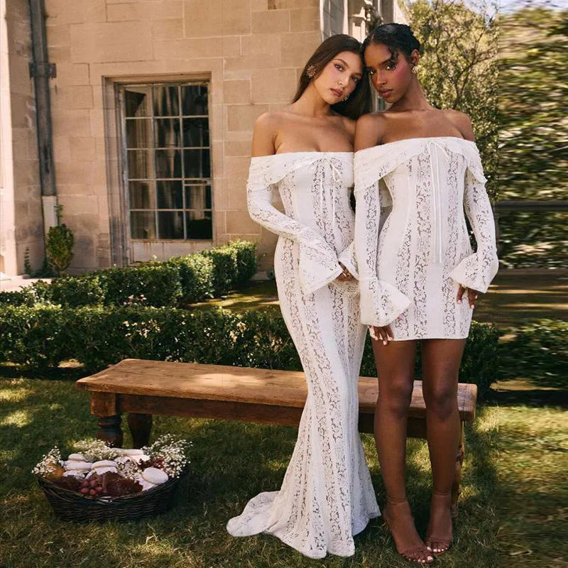 Sexy Women Hollow Out Slash Neck Lace Flared Sleeve Long Dress Elegant Laced Up Slim Fit Robes New Lady Evening Party Vestidos