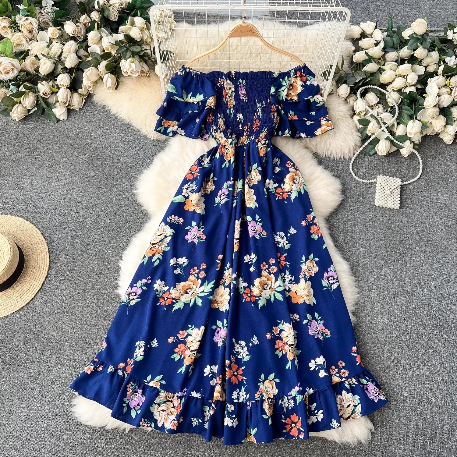 YuooMuoo Vacation Fashion Flower Print Chiffon Summer Dress Sexy Off Shoulders Elastic Waist Big Swing Long Dress Beach Vestidos