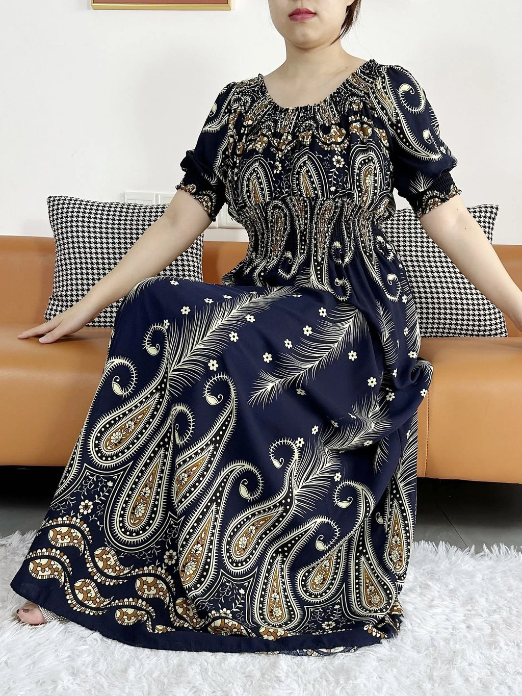 Women Party Dress Muslim Summer Short Sleeve Long Dress Collect Waist Floral Boubou Maxi Islam Women Dress African Abaya Clothes