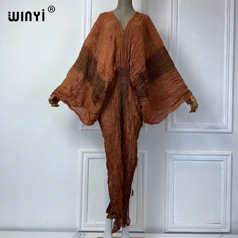 WINYI Summer Tie-dyed retro wrinkled long dress Loose robe Femme Vestidos holiday beach cover up maxi kaftan abaya dubai luxury