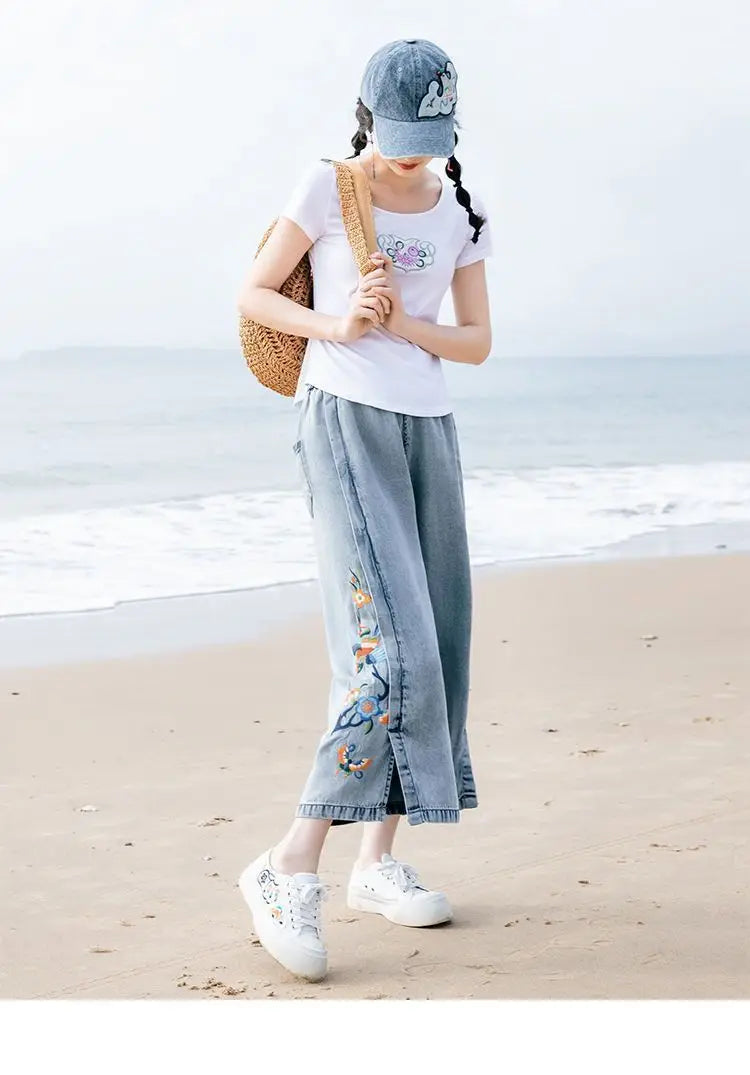 Jeans for Women Capris Embroidered Summer Elastic Waist Wide Leg Pants High Korean Women's Vintage Baggy Denim Popular Clothes