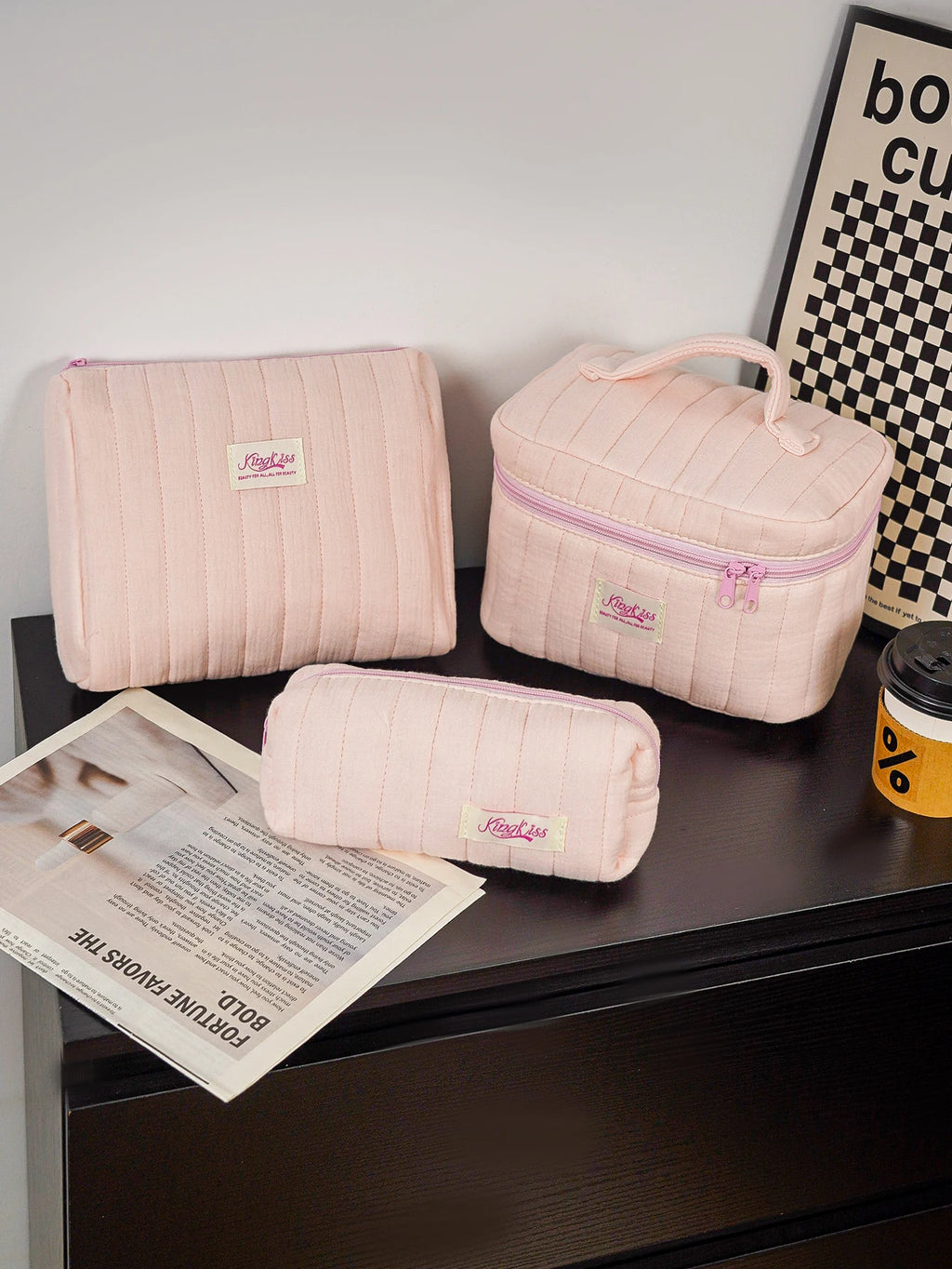 1pc/set pink quilted makeup bag, multifunctional makeup bag, handheld makeup bag, portable makeup bag set with zipper