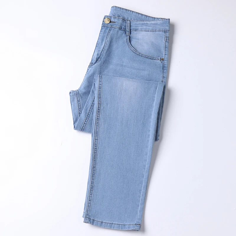 Men's Thin Jeans 2025 Summer New Style Business Casual Slim Fit Elastic Classic Style Trousers Sky Blue Pants Male size 28-40