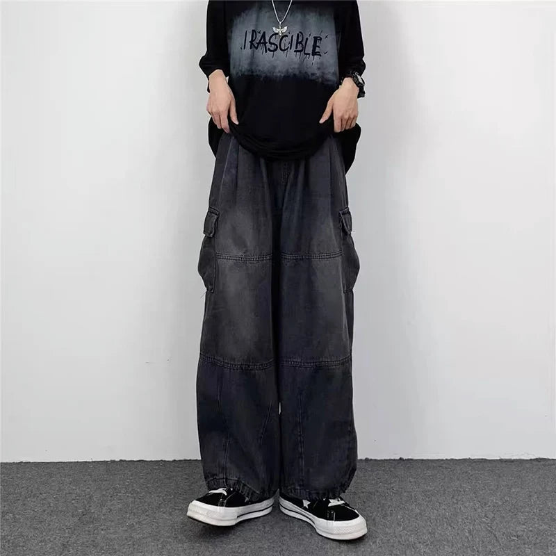 New Men's Wide-leg Jeans Casual Trendy Large Pocket Denim Pants Four Seasons Loose Straight Leg Casual Jeans Versatile Men Women