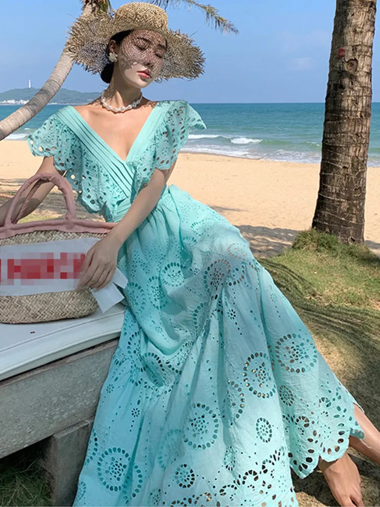 SMTHMA High Quality Hollow Out Embroidery Long Dress Women Sexy Deep V-Neck Ruffle Elegant Summer Dresses Female Clothing