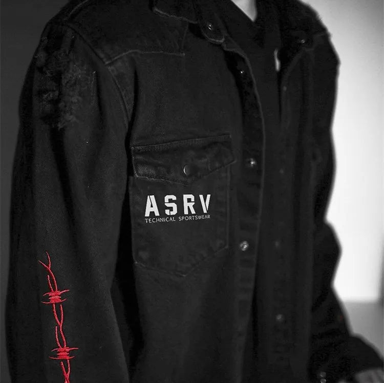 Mens Gym Trend Denim Jacket Techwear Jeans Jackets Causal Fitness Man Loose Clothing Outerwear Coat Cotton Sports Sweatshirt