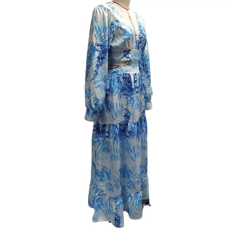 Spring Sexy Hollow V Neck Buttons Bohemian Dress Women Elegant Printed High Waist Long Dress Autumn Flare Long Sleeve Maxi Dress