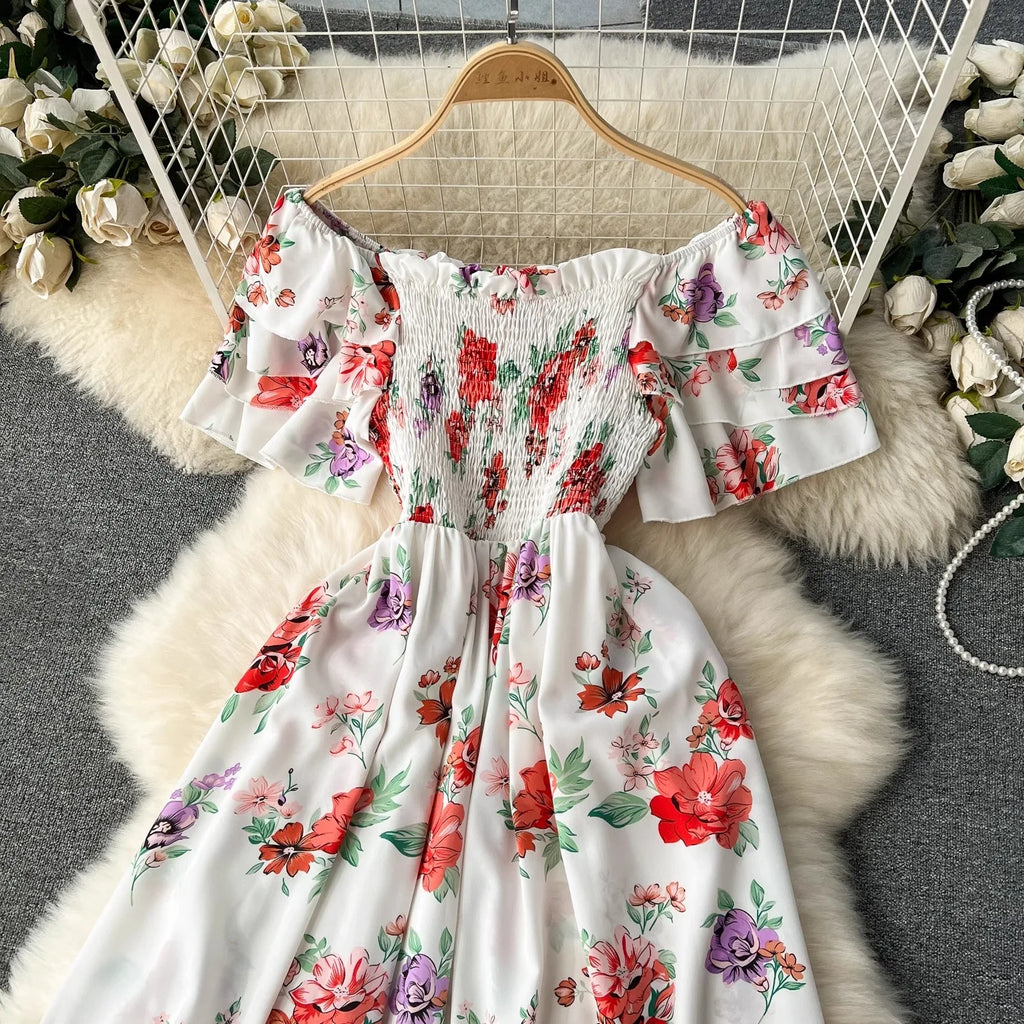 YuooMuoo Vacation Fashion Flower Print Chiffon Summer Dress Sexy Off Shoulders Elastic Waist Big Swing Long Dress Beach Vestidos