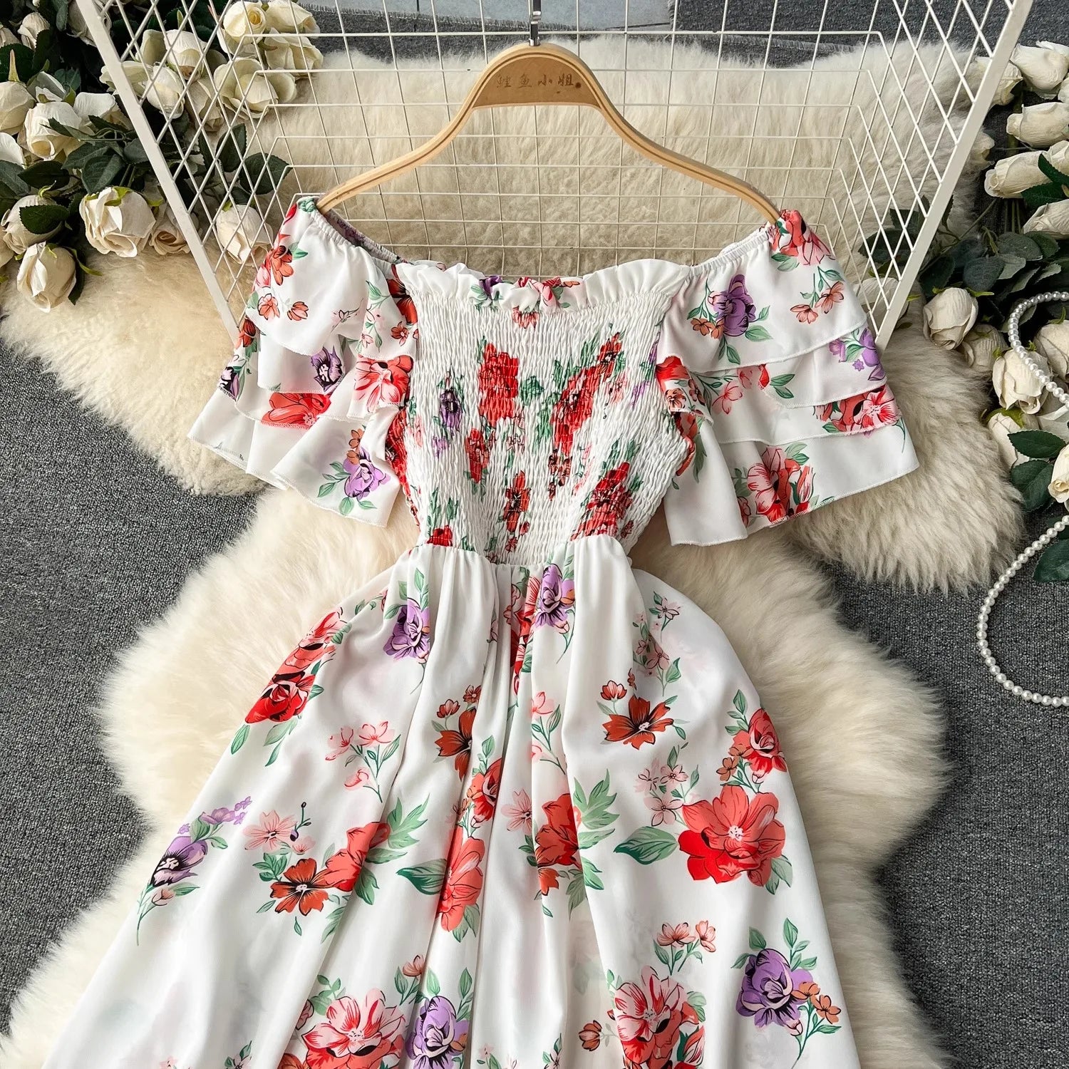 YuooMuoo Vacation Fashion Flower Print Chiffon Summer Dress Sexy Off Shoulders Elastic Waist Big Swing Long Dress Beach Vestidos