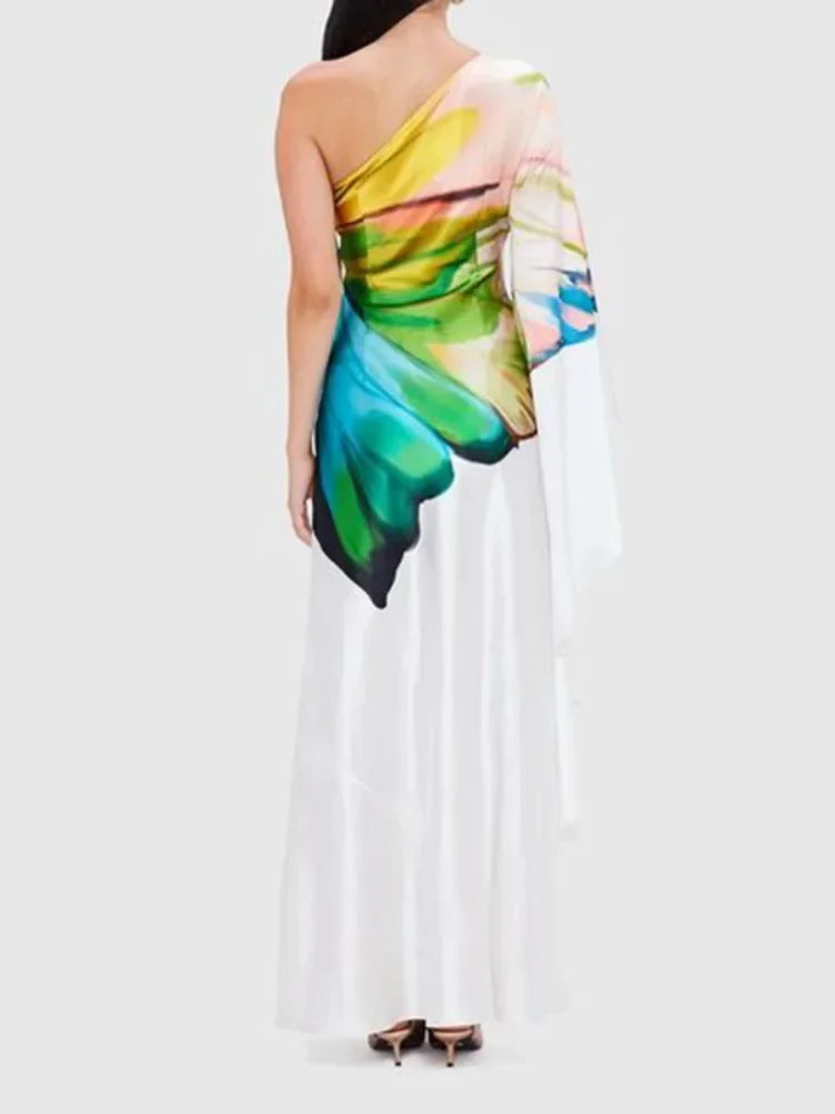 Gymystars Women's Printed Elegant Evening Dress One-shoulder Asymmetric High Waist Pleated Vintage Female Slim Long Dress