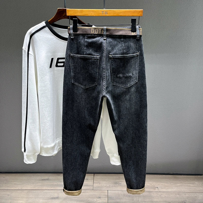 Tapered Jeans for Men's Clothing Autumn New Fashion Embroidered Korean Harem Pants Casual Stretch Black Denim Trousers