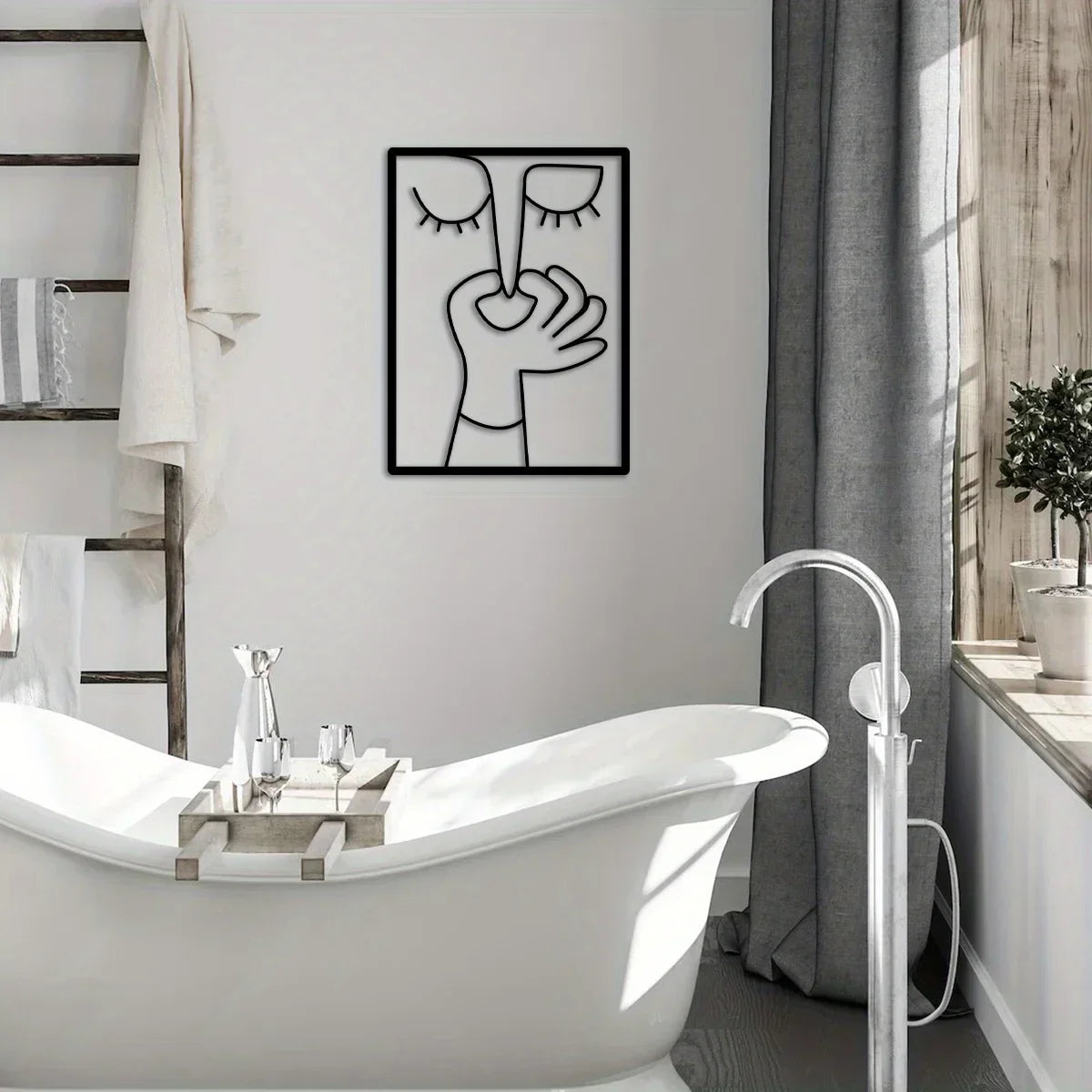 Décoration murale en métal pour toilettes : portrait amusant avec un design minimaliste en forme de ligne, utilisé comme panneau de salle de bain et décoration de toilettes