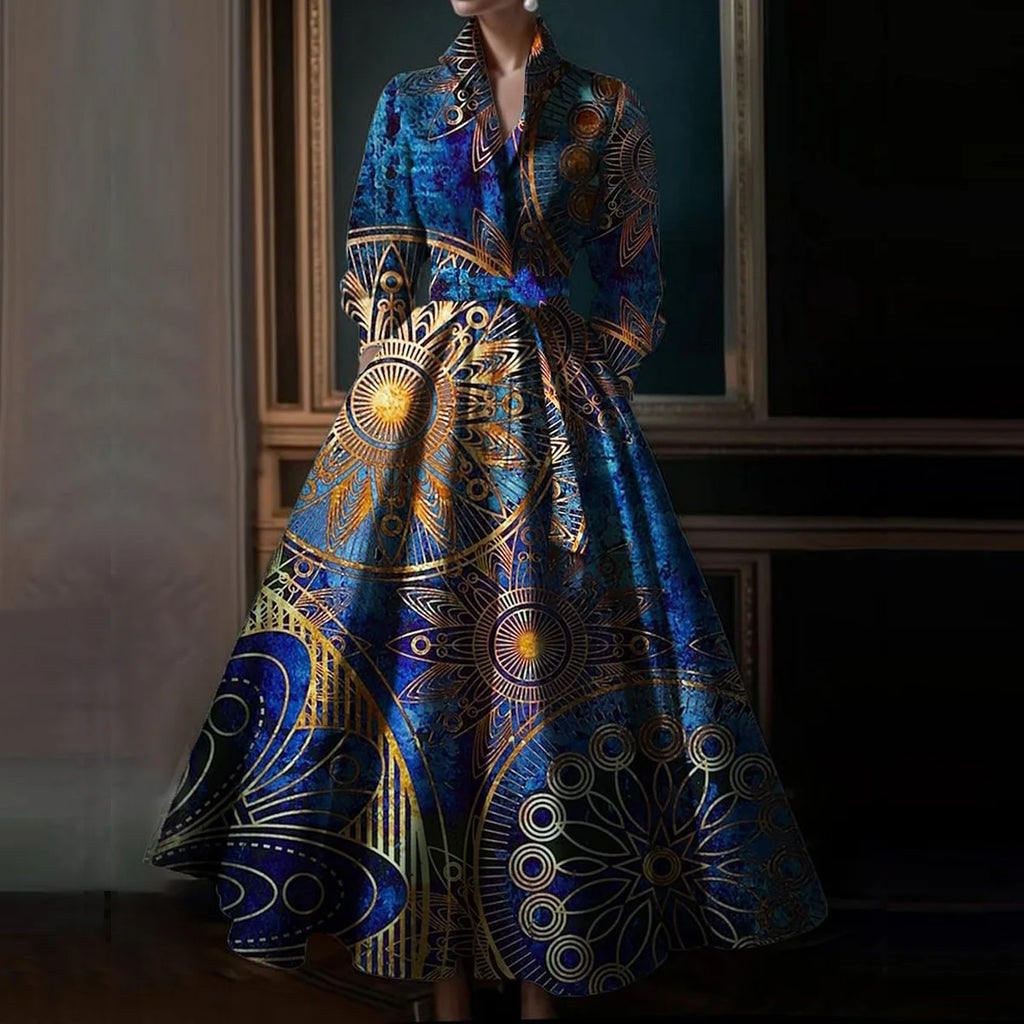 Robe longue élégante à imprimé floral, multicolore, col rabattu, manches longues, en coton, robe de soirée, de mariage, 2024
