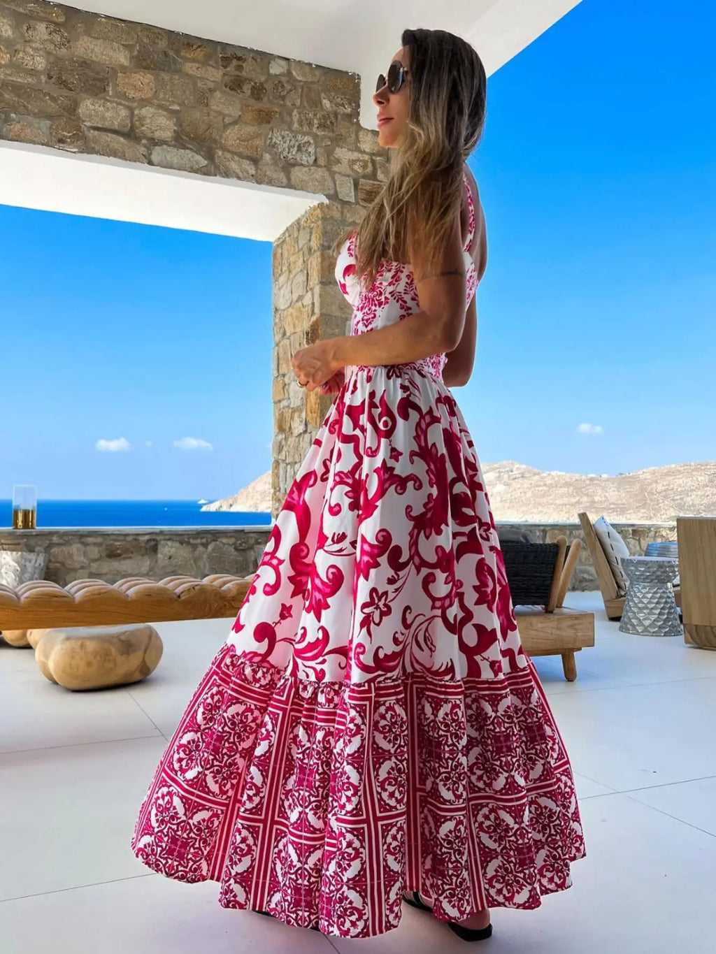 2024 Summer Print Long Dress Women Clothing Lace Up Sling Party Dresses Pattern Strappy Ladies Hollow Out V-Neck Beach Vestidos