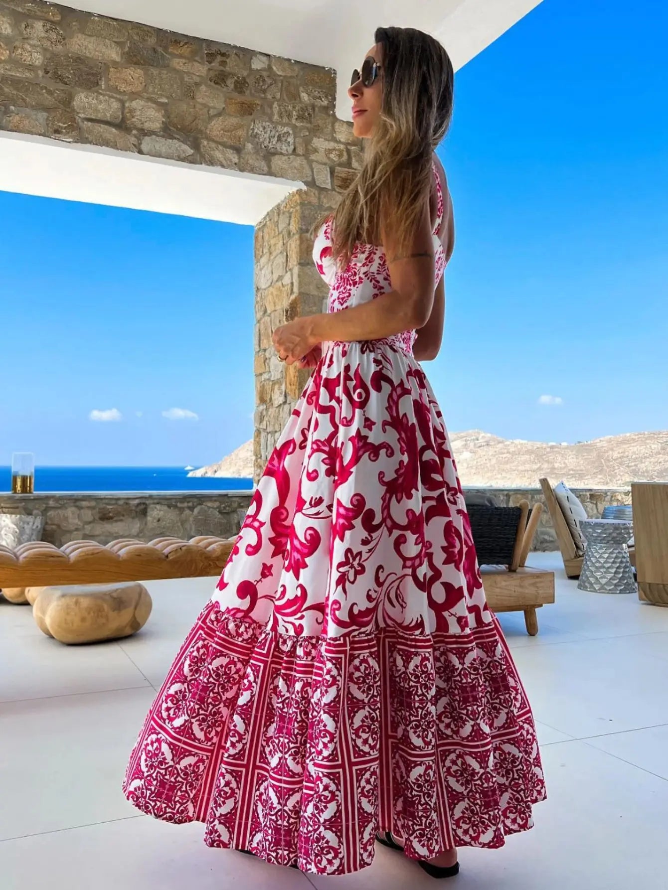 2024 Summer Print Long Dress Women Clothing Lace Up Sling Party Dresses Pattern Strappy Ladies Hollow Out V-Neck Beach Vestidos