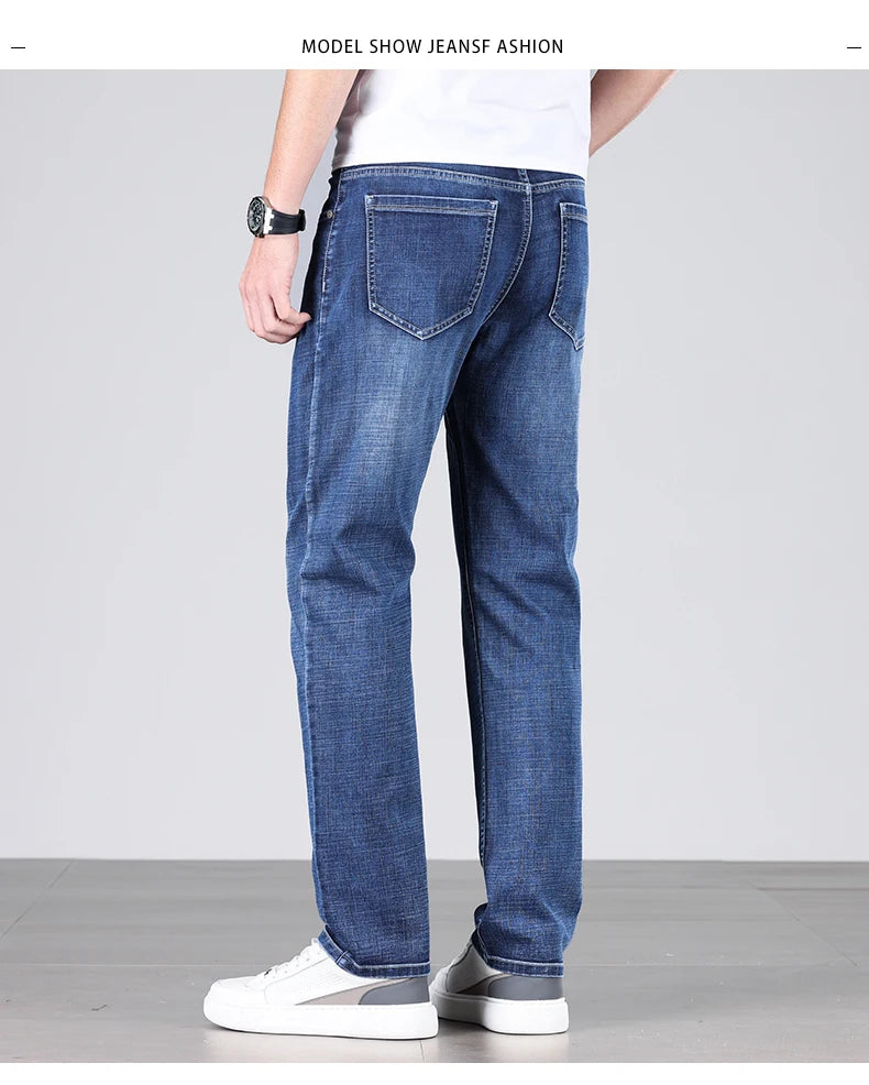 Men's Ultra-thin Stretch Casual Jeans New for Summer Business Fashion Straight Baggy Denim Trousers Blue Classic Style Male