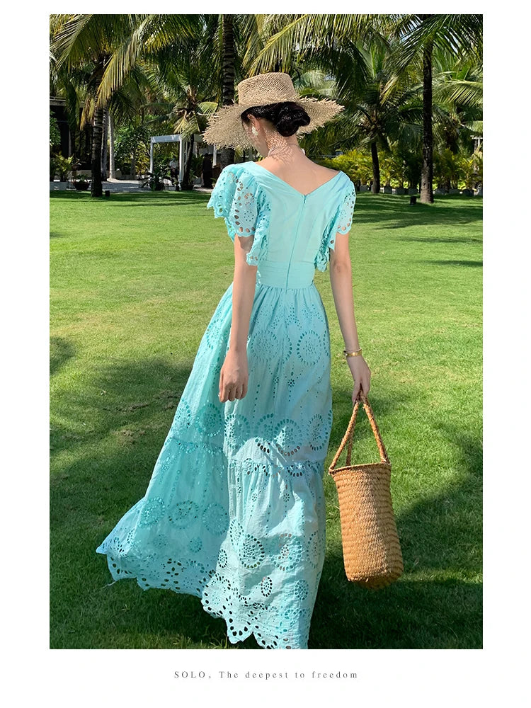 SMTHMA High Quality Hollow Out Embroidery Long Dress Women Sexy Deep V-Neck Ruffle Elegant Summer Dresses Female Clothing