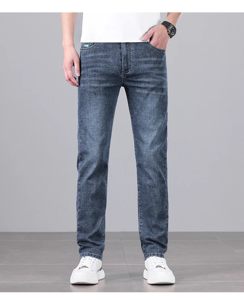 Men's Ultra-thin Stretch Casual Jeans New for Summer Business Fashion Straight Baggy Denim Trousers Blue Classic Style Male