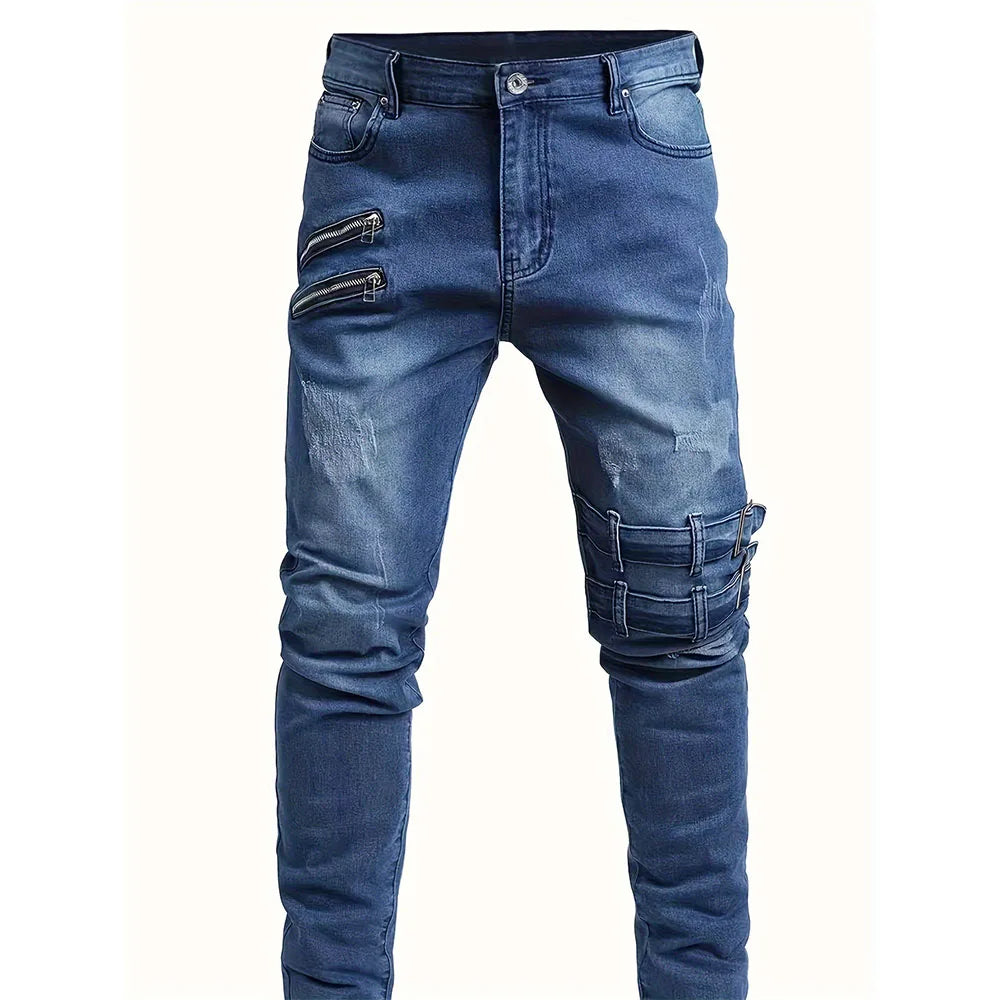 Men New Slim Jeans Male Pants Spring Autumn Elastic Feet Jean Streetwear Mens Skinny Zips Biker Cacual Long Denim Trousers