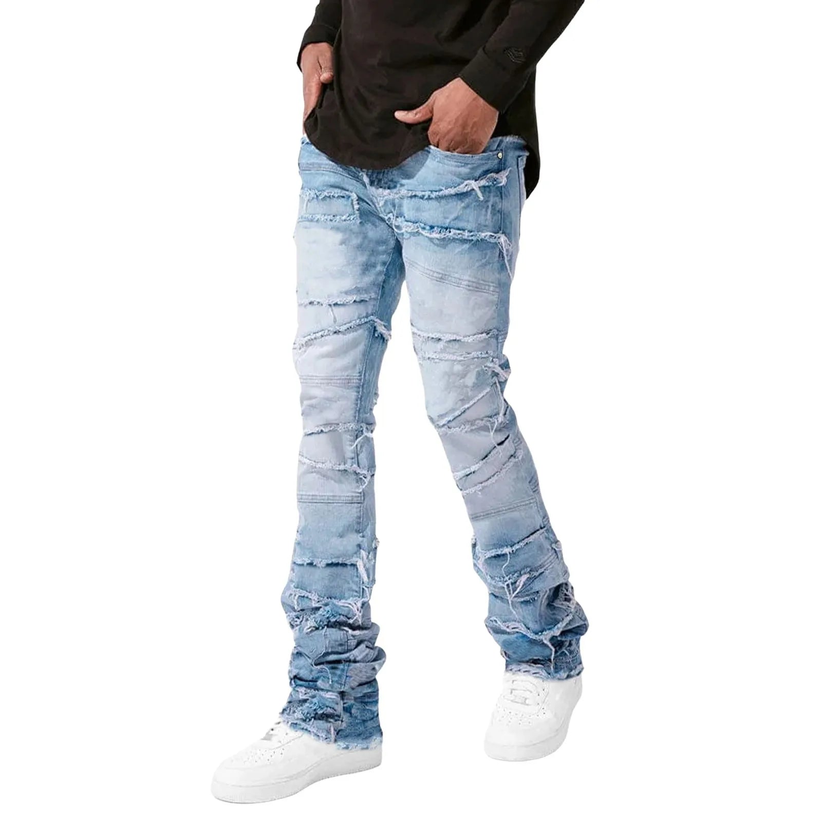 Jeans For Men Stretch Fit Skinny Stacked Ripped Jeans Slim Fit Patch Denim Pants Slim Fit Trousers Streetwear