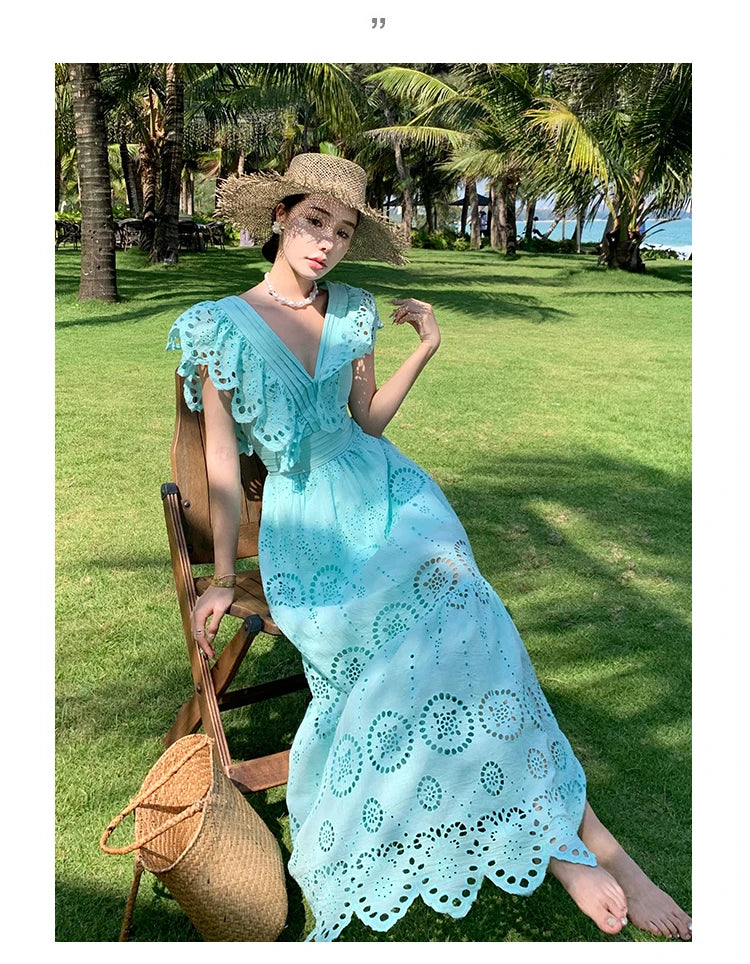 SMTHMA High Quality Hollow Out Embroidery Long Dress Women Sexy Deep V-Neck Ruffle Elegant Summer Dresses Female Clothing