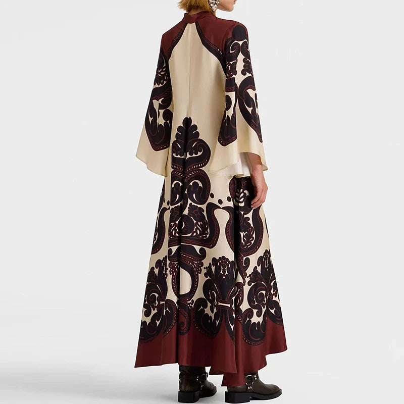Muslim Ethnic Pattern Print Vintage Dress for Women Sexy V Neck Lace-up Long Dress Spring Fall 3/4 Sleeve Loose Party Maxi Dress