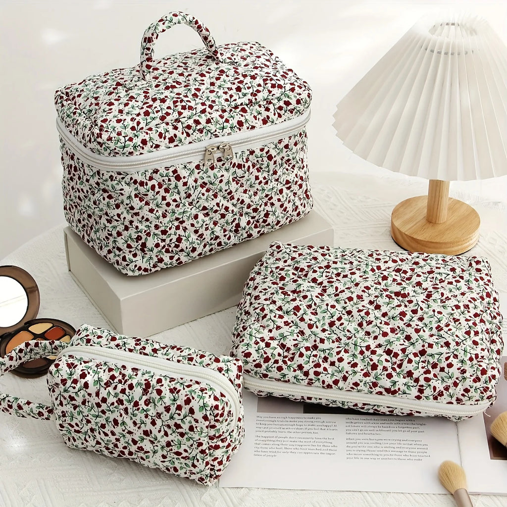 3 Pcs Cotton Quilted Makeup Bag Set,Floral Makeup Bag, Travel Makeup Bag,Large Toiletry Cosmetic Bag Makeup Bag Organizer