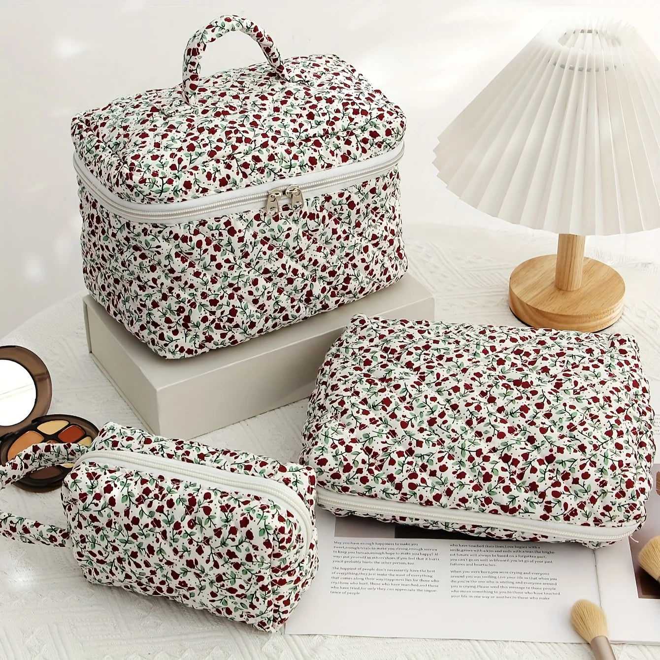 3 Pcs Cotton Quilted Makeup Bag Set,Floral Makeup Bag, Travel Makeup Bag,Large Toiletry Cosmetic Bag Makeup Bag Organizer