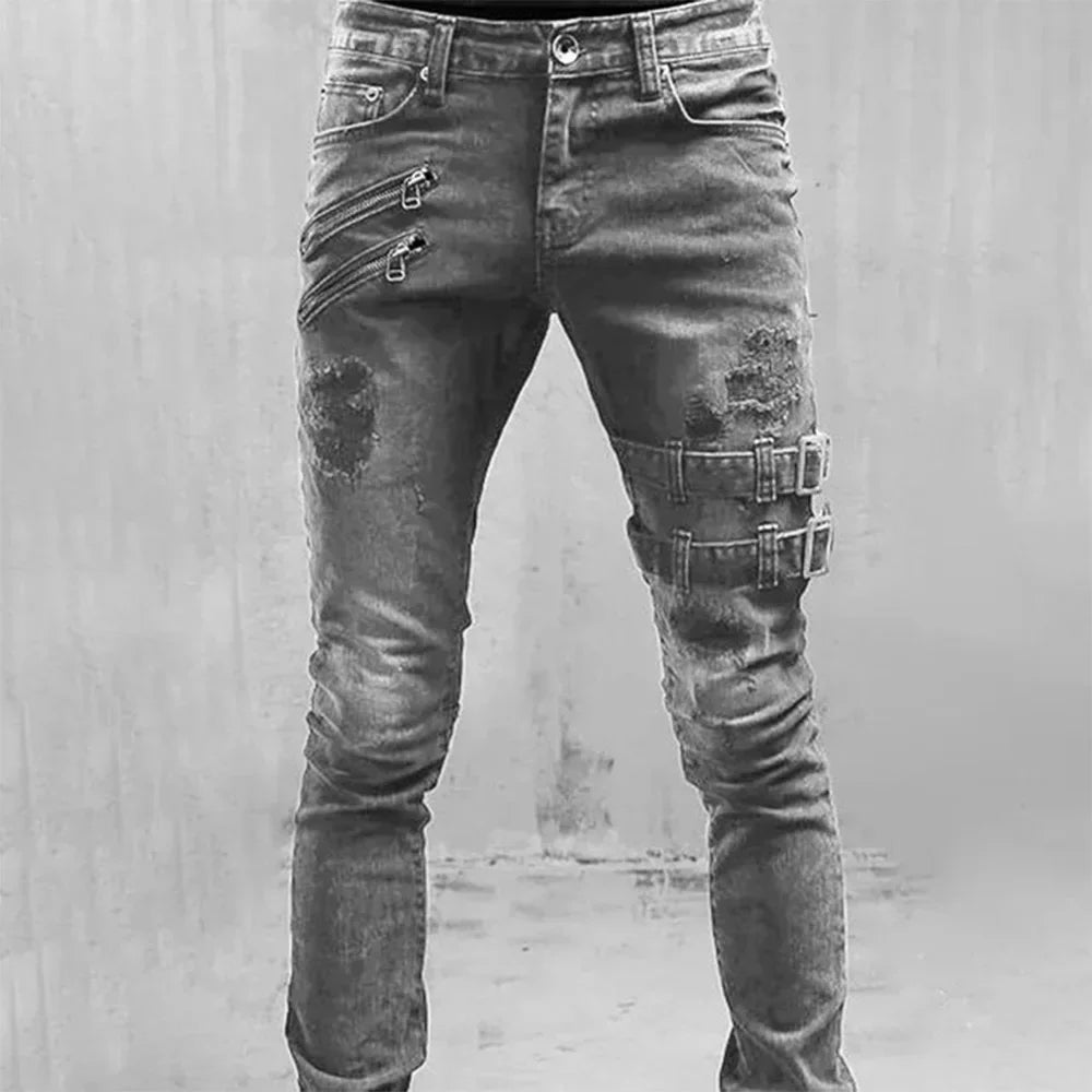 Men New Slim Jeans Male Pants Spring Autumn Elastic Feet Jean Streetwear Mens Skinny Zips Biker Cacual Long Denim Trousers