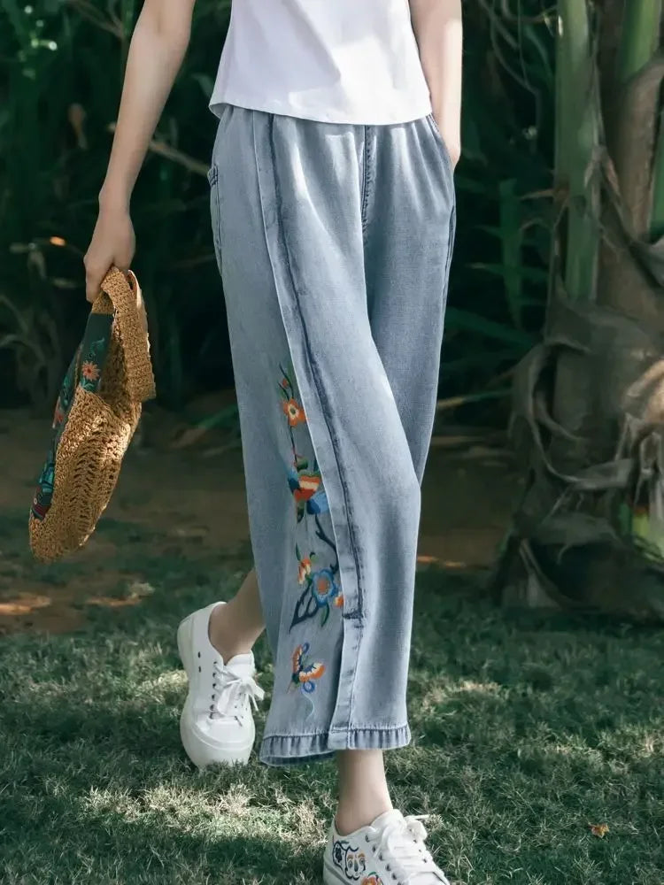 Jeans for Women Capris Embroidered Summer Elastic Waist Wide Leg Pants High Korean Women's Vintage Baggy Denim Popular Clothes