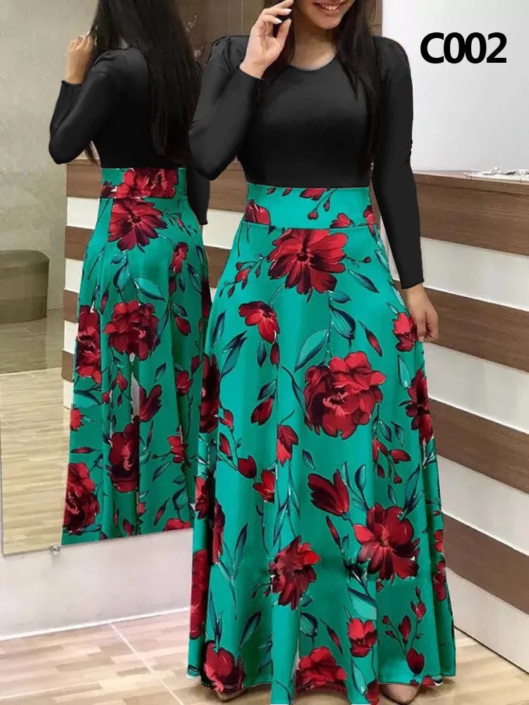 Elegant Women's Long Dress Flower Retro Printed Patchwork Long Sleeve Banquet Maxi Robe S-5XL