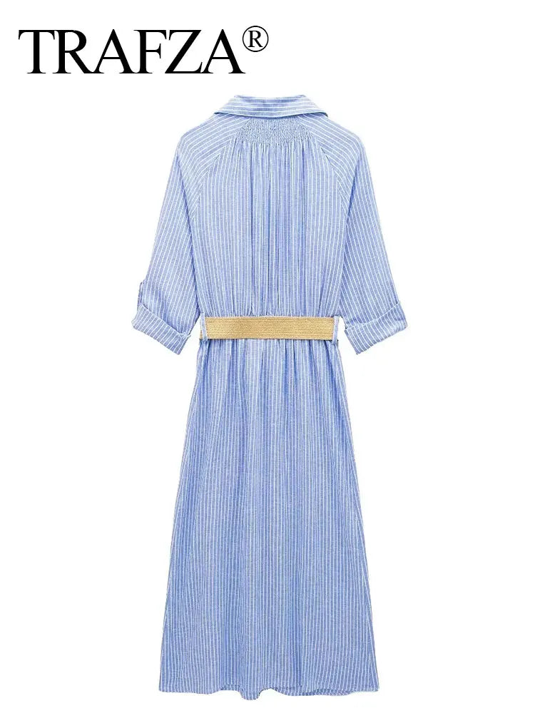 TRAFZA 2024 Striped Shirt Dress Women Belt Pleated Midi Dresses for Women Turn Up Sleeve Beach Women Summer Long Dress Vestidos