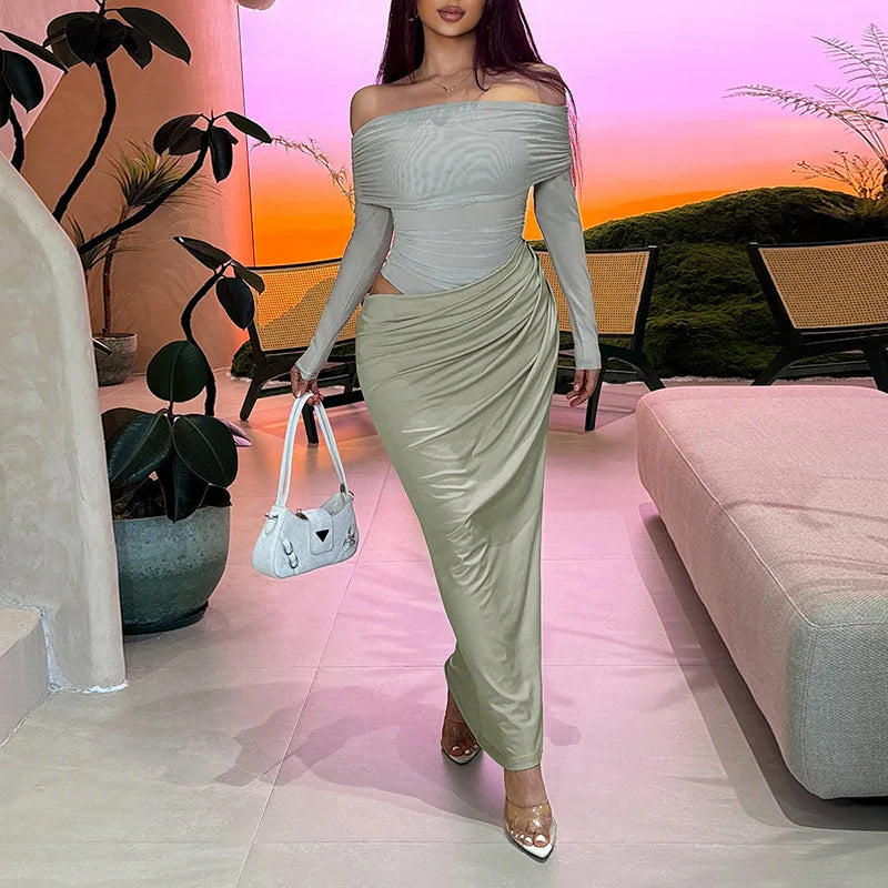 Tuularose Sexy Mesh Hollow Long Dress Women's Sexy One Shoulder Long Sleeve Patchwork Resort Dress Summer Party Evening Dress