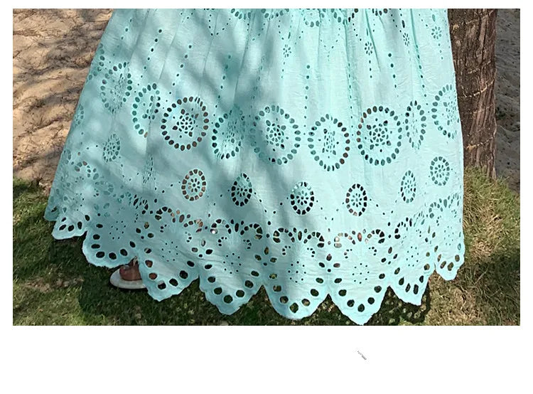 SMTHMA High Quality Hollow Out Embroidery Long Dress Women Sexy Deep V-Neck Ruffle Elegant Summer Dresses Female Clothing