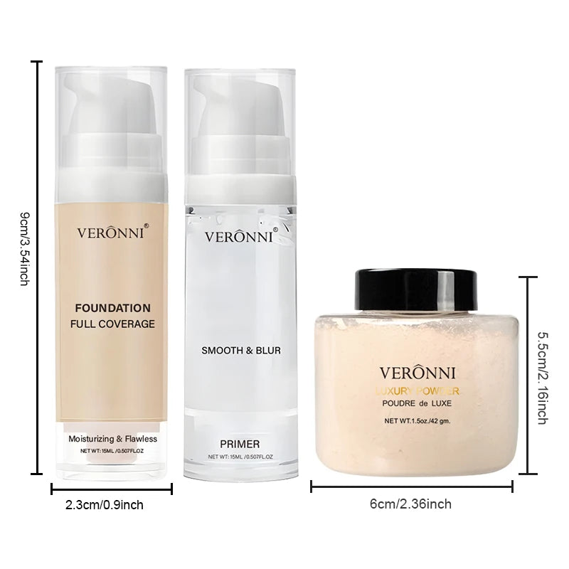 3pcs Face Makeup Kit Include 15ml Full Coverage Liquid Foundation Hydrating Makeup Primer and Loose Powder,Sweat-resistant