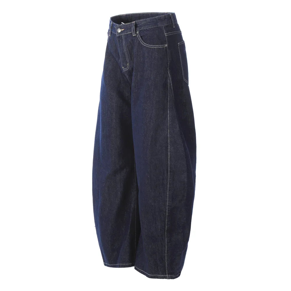 Washed Dark Jeans Men Top Stitch Retro High Street Loose Wide leg Scimitar Denim Pants Men Trousers