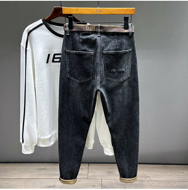 Tapered Jeans for Men's Clothing Autumn New Fashion Embroidered Korean Harem Pants Casual Stretch Black Denim Trousers