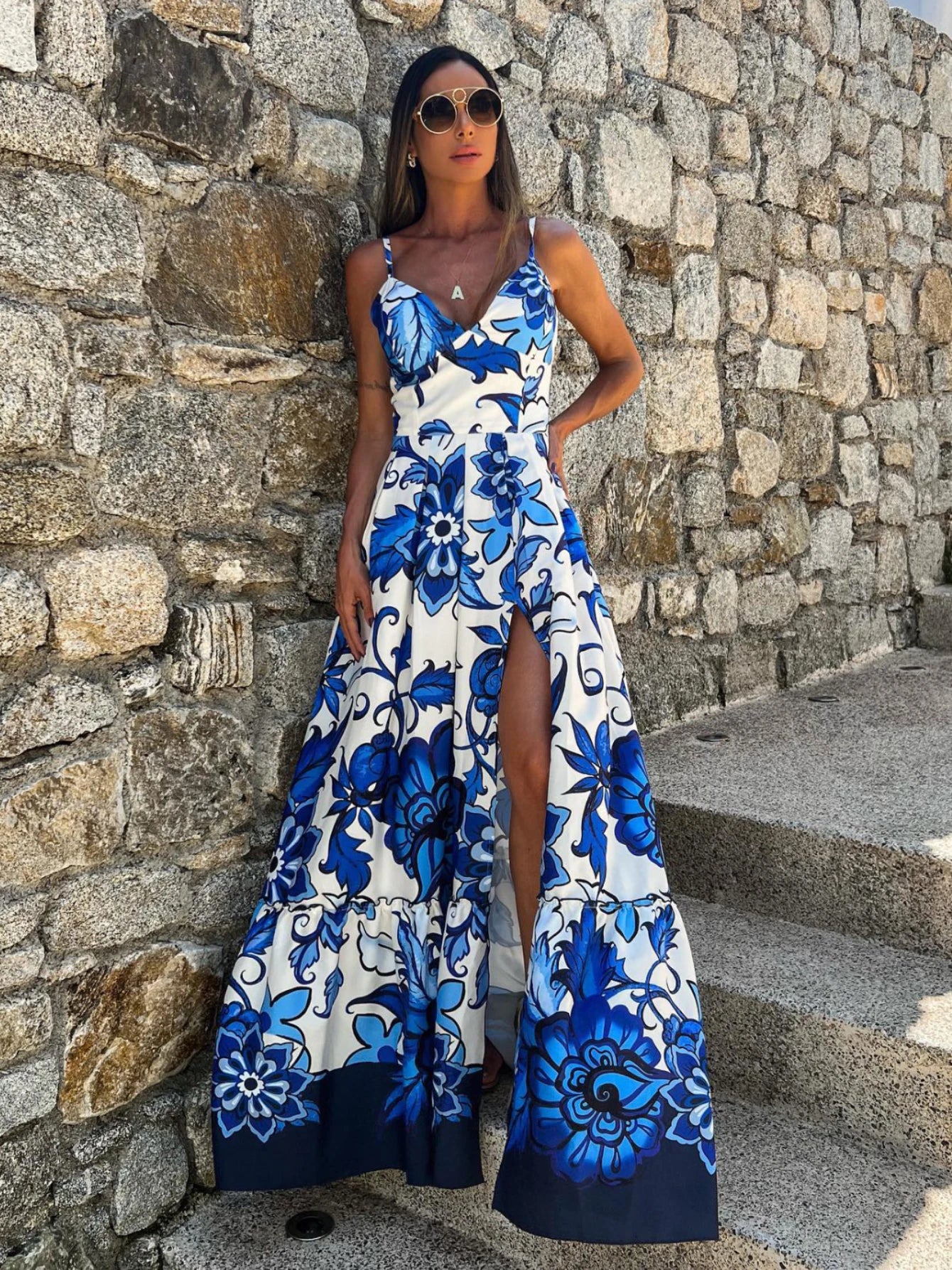 2024 Summer Print Long Dress Women Clothing Lace Up Sling Party Dresses Pattern Strappy Ladies Hollow Out V-Neck Beach Vestidos