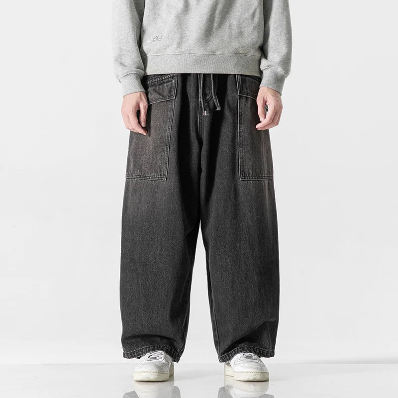 2023 Men Straight Denim Pants Men Blue Jeans Loose Trousers Male Causal Oversize Wide Leg Pants Elastic Waist Black Jeans