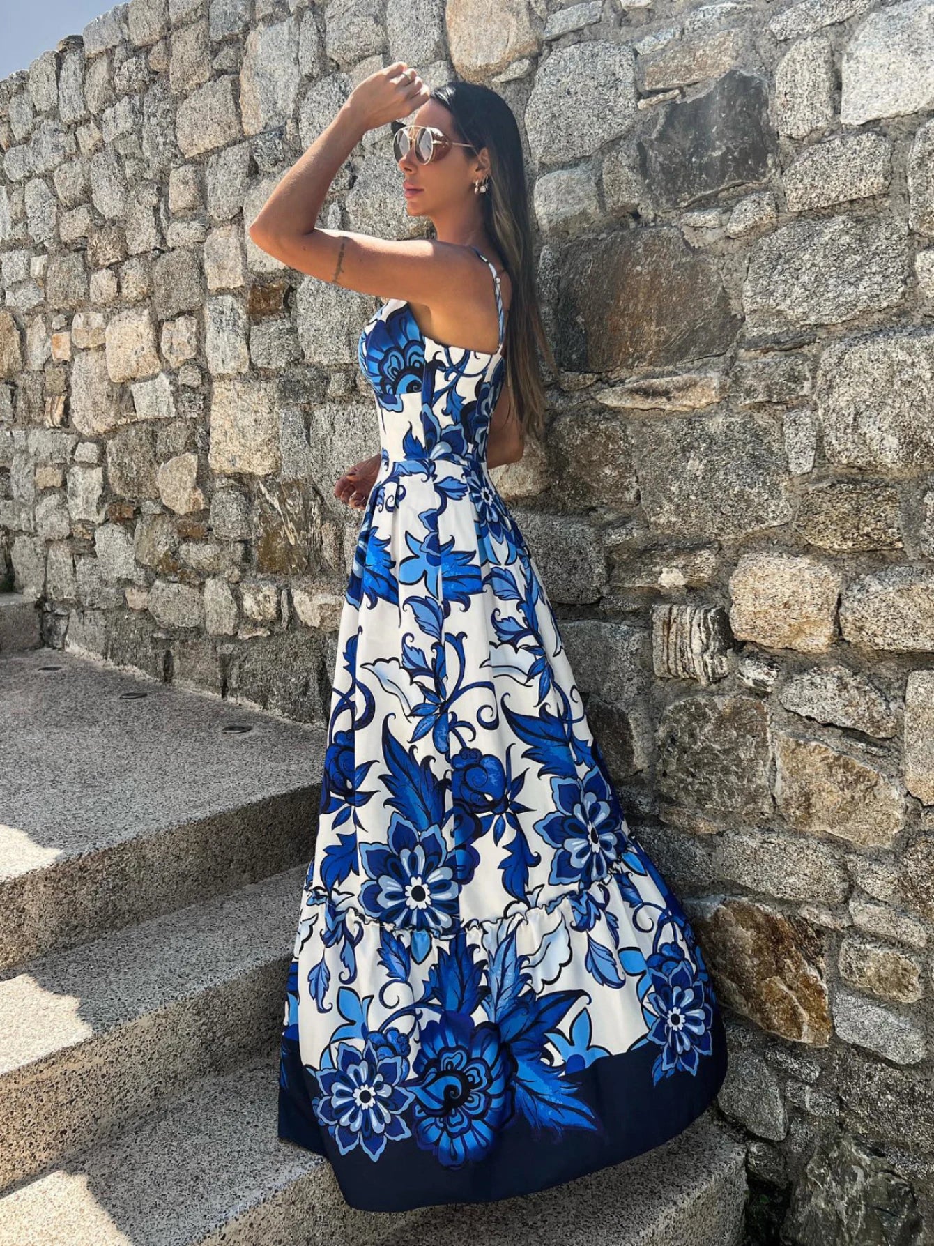 2024 Summer Print Long Dress Women Clothing Lace Up Sling Party Dresses Pattern Strappy Ladies Hollow Out V-Neck Beach Vestidos