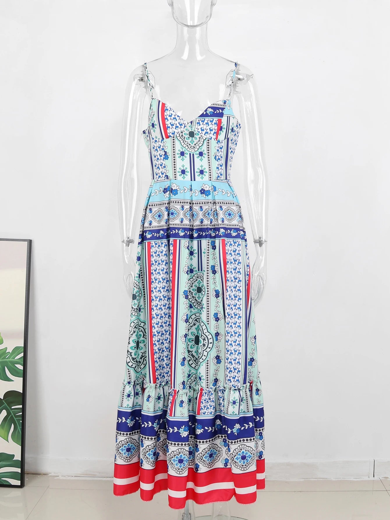 2024 Summer Print Long Dress Women Clothing Lace Up Sling Party Dresses Pattern Strappy Ladies Hollow Out V-Neck Beach Vestidos