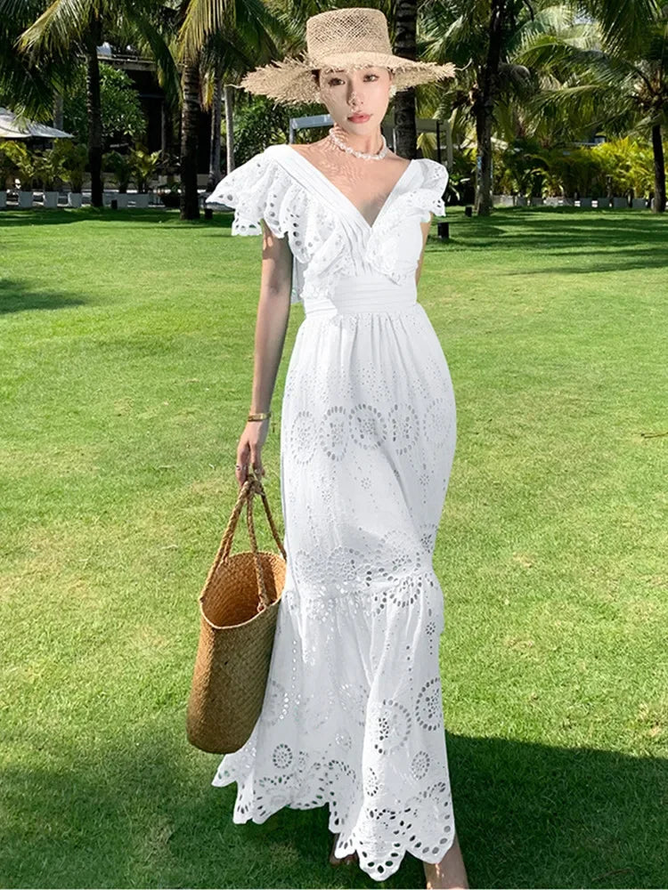 SMTHMA High Quality Hollow Out Embroidery Long Dress Women Sexy Deep V-Neck Ruffle Elegant Summer Dresses Female Clothing