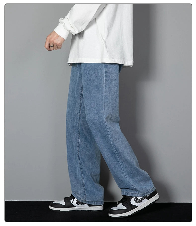 Jean long décontracté pour homme, style coréen, classique, droit, jambes larges, couleur unie, bleu clair, gris, noir, 2025