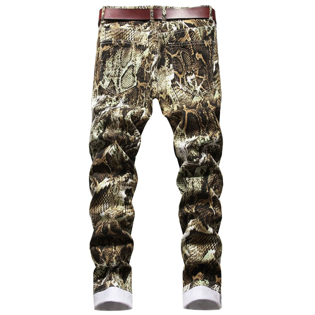 Jeans pour hommes, pantalon crayon imprimé peau de serpent, coupe slim, extensible, coloré, taille moyenne, denim délavé, longueur cheville