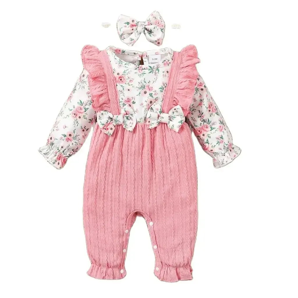 0-18 Ay Yenidoğan Bebek Kız Tulum Sevimli Çiçekli Uzun Kollu Fiyonklu Bodysuit+Kafa Bandı Bebek Kız İlkbahar&amp;Sonbahar Tulum