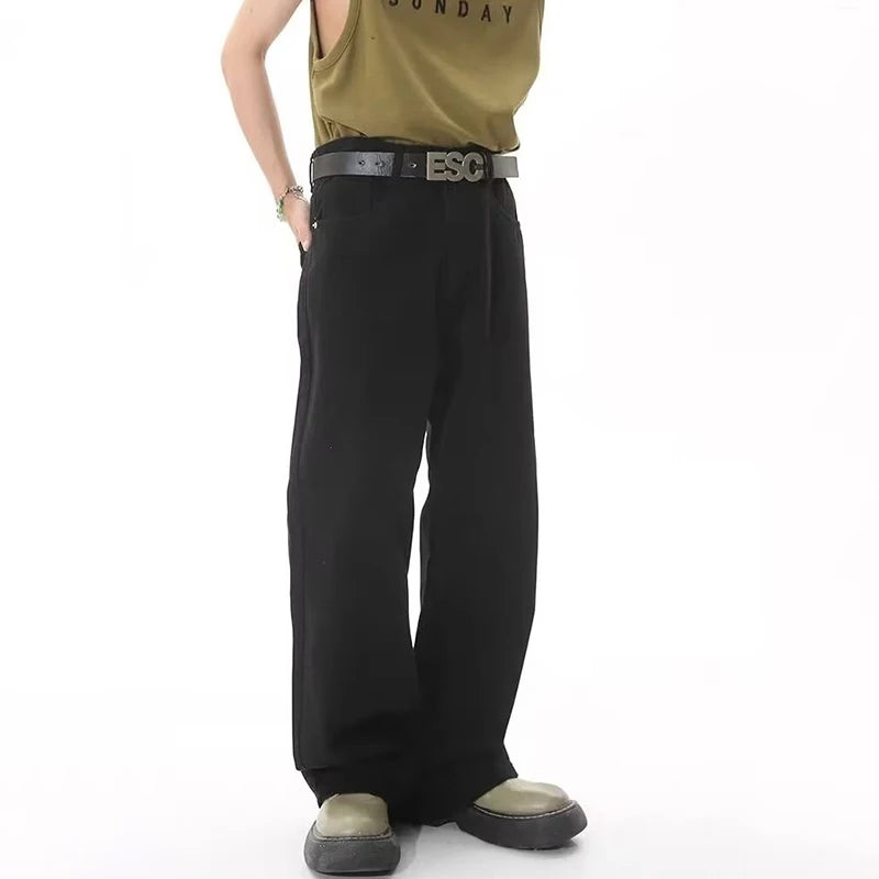 2024 Men Popular High Waist Straight Leg Jeans Male Simple Draping Wide Leg Denim Pants Brand Green Coffee Street Denim Trousers