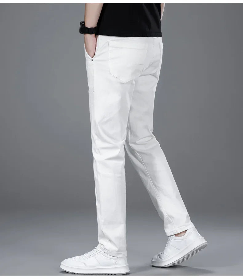 New Men's Fashion Classic Style Versatile Slim Jeans White Stretch Straight Soft Casual Denim Trousers Brand Clothing Male