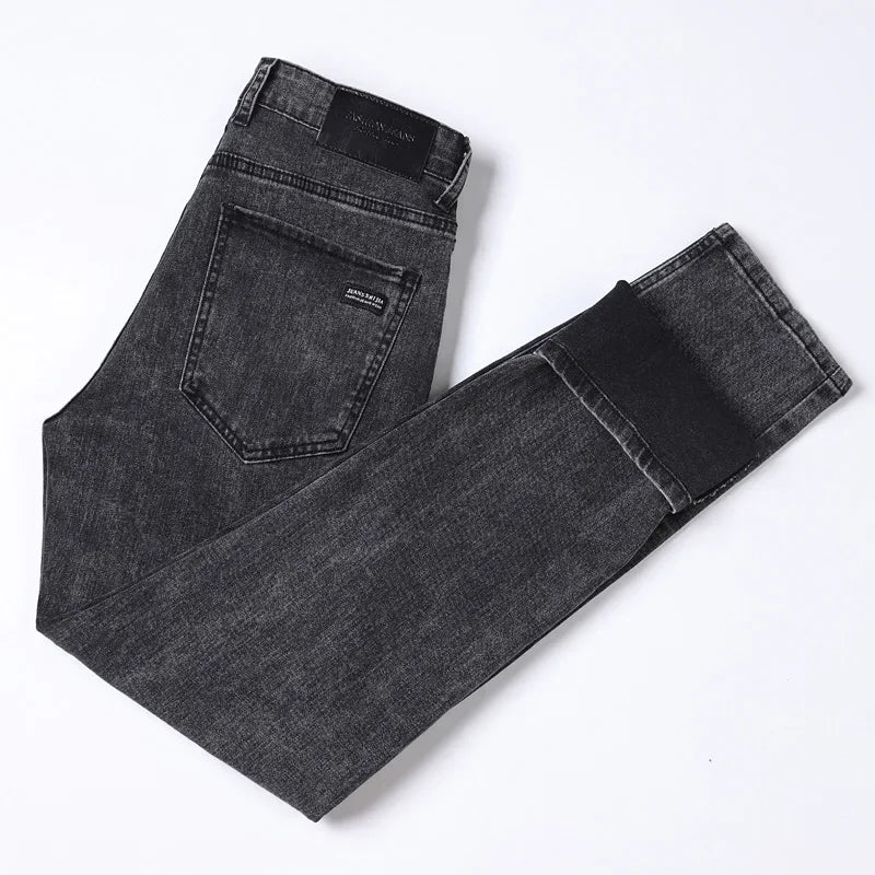 2025 Spring New Men's Straight Jeans Elastic Pant Classic Smoke Gray Casual Wear Mid Waist Casual Trousers Black Male Brand