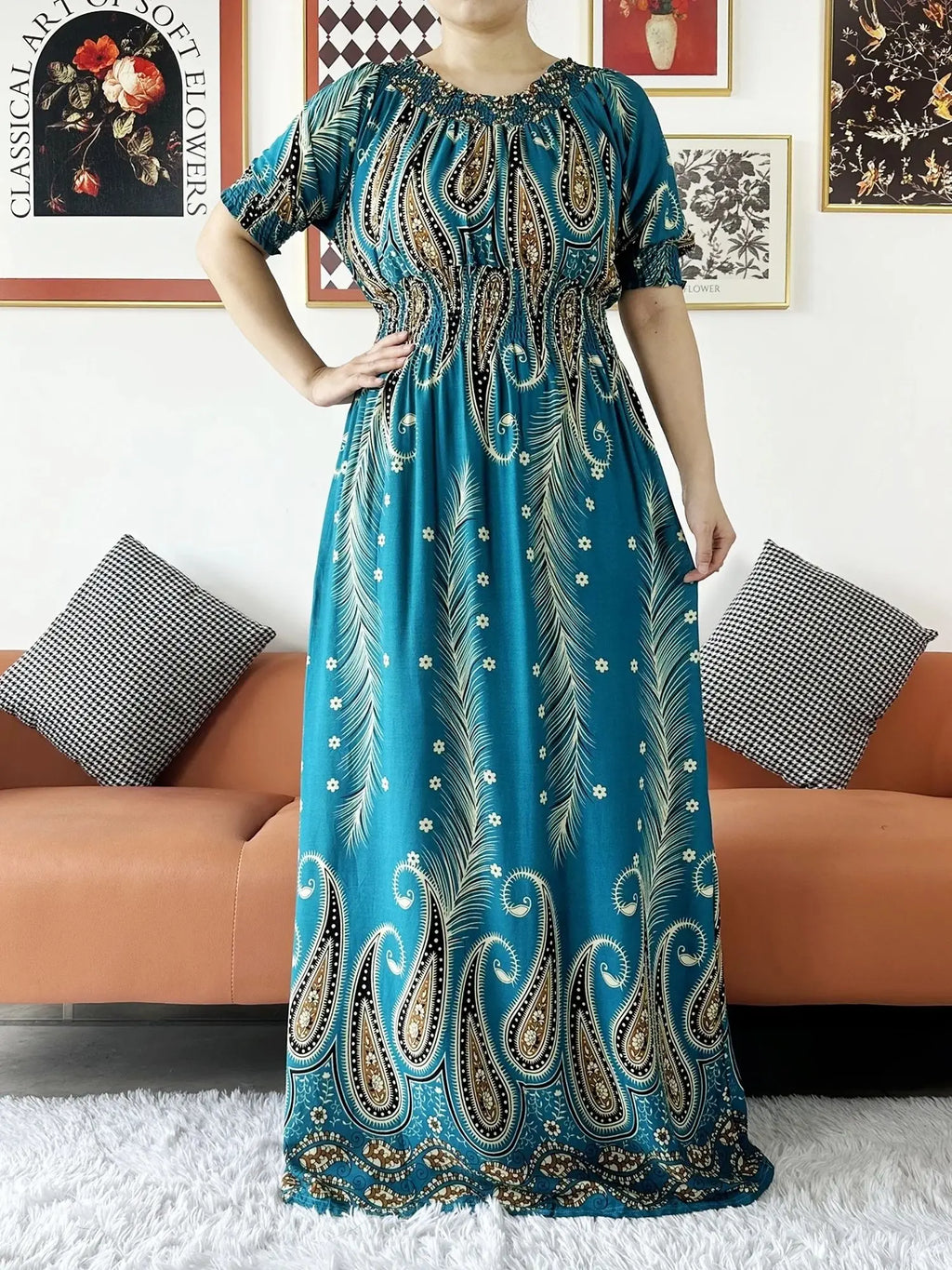 Women Party Dress Muslim Summer Short Sleeve Long Dress Collect Waist Floral Boubou Maxi Islam Women Dress African Abaya Clothes